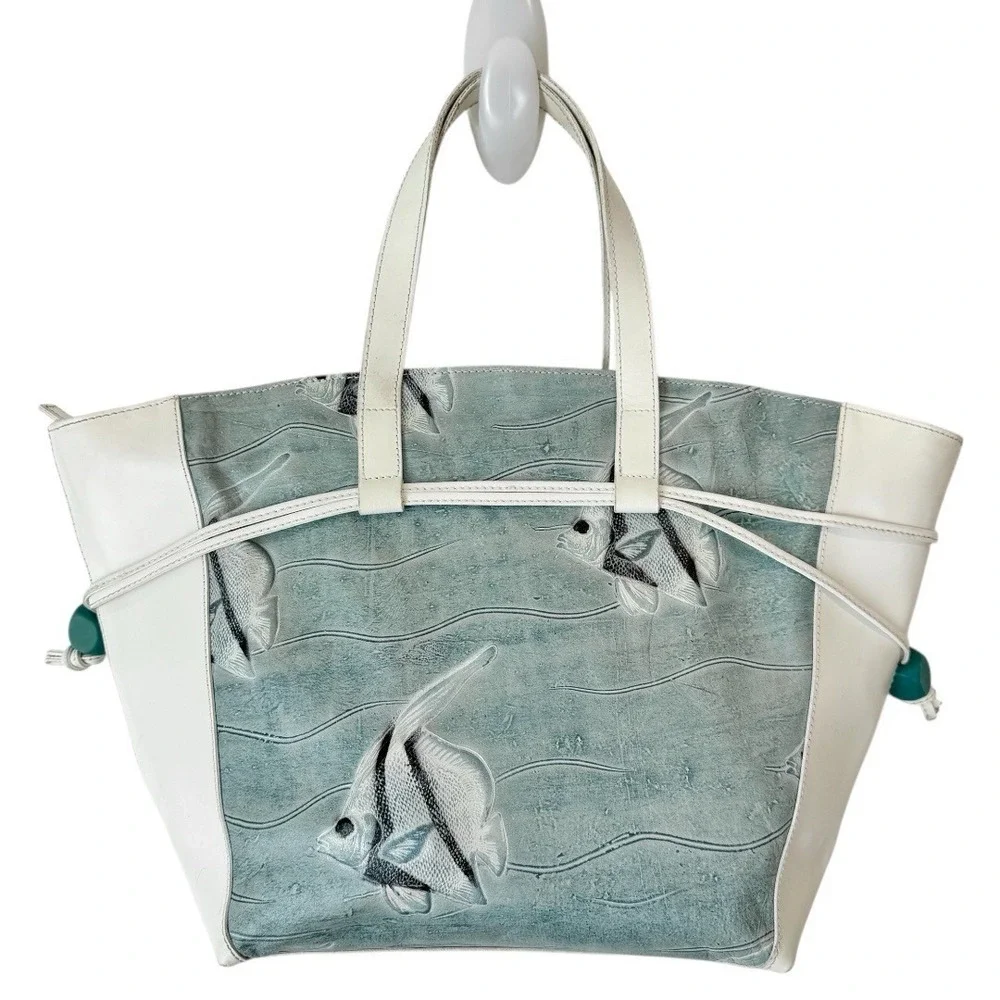 Claudia Firenze Leather Tote Bag Fish Print Turquoise Accent - Picture 1 of 10